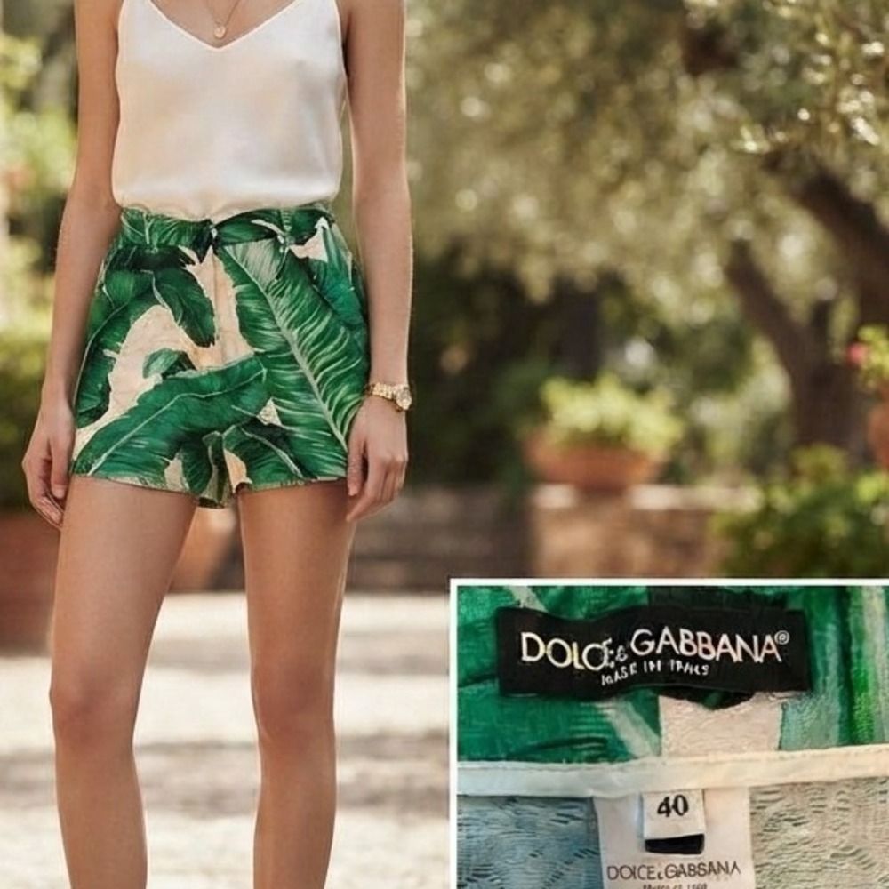 Dolce & Gabbana Shorts Women 40 Green Excellent Banana Leaf Silk Cotton Jacquard